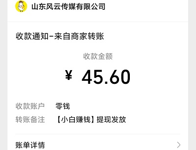 小白赚钱做任务赚钱提现的到账截图