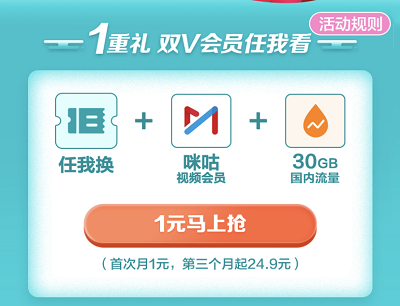 广东移动用户1元抢咪咕视频会员/30GB流量