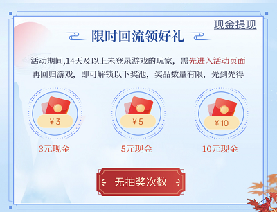 14天未登录游戏的玩家限时回流登录游戏领3-10元现金
